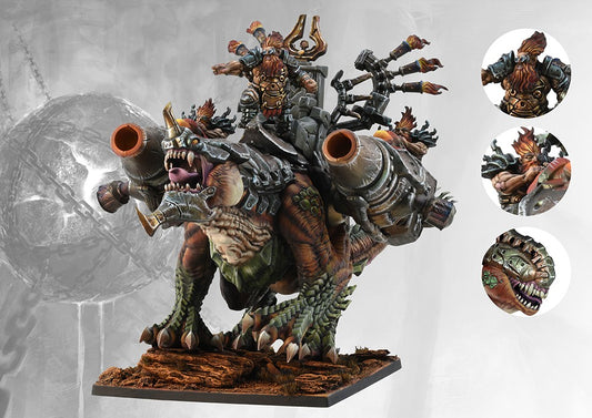 Fully painted Dweghom Hellbringer Drake miniature, showcasing the heavily armored, fire-breathing warbeast with multiple mounted cannons and crew.