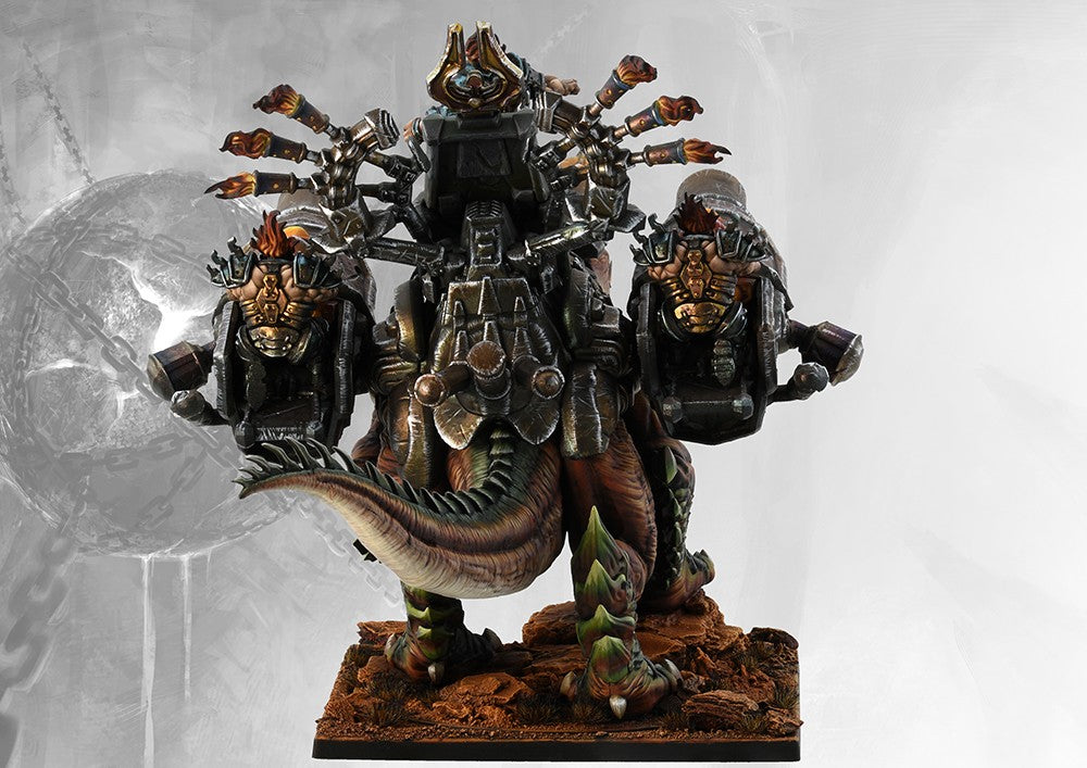 Rear view of the painted Hellbringer Drake monster, emphasizing the elaborate, multi-barrel weapon system mounted on the creature's back and its armored tail.