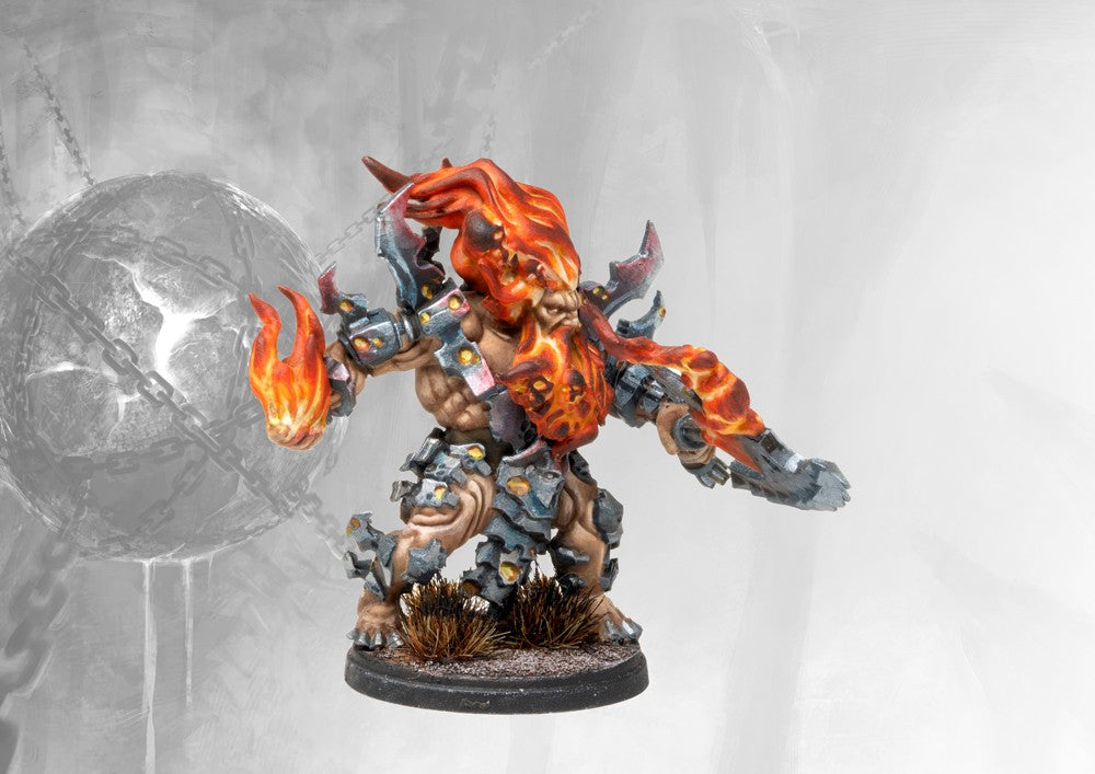 Fully painted Dweghom Herald of Fire miniature, showcasing the muscular dwarf wreathed in flames with a large spiked axe/club.