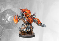 Fully painted Dweghom Herald of Fire miniature, showcasing the muscular dwarf wreathed in flames with a large spiked axe/club.