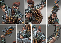 Close-up details of the Herald of Magma model, emphasizing the dwarf's grimacing face, scarred body, heavy bronze armor, and the glowing, cracked magma maul head.