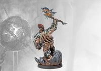 Fully painted Dweghom Herald of Magma miniature, showing the muscular dwarf officer posed with his maul, with magma effects flowing from the weapon head and base.