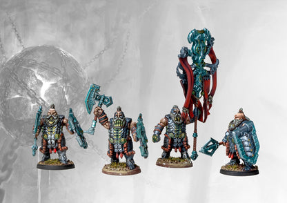 Four painted Dweghom Hold Thanes miniatures, showing the heavy infantry equipped with large shields, axes, and the prominent rune-etched standard.
