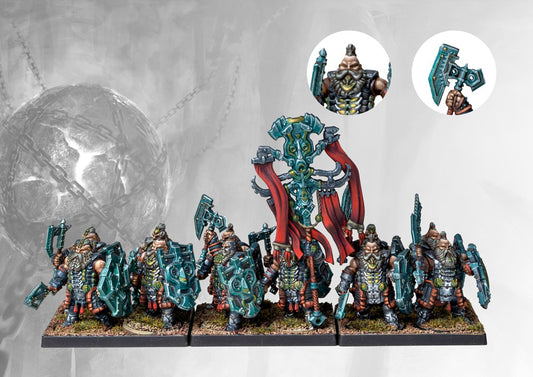 A fully painted Dweghom Hold Thanes regiment, showcasing the dense formation of the heavily armored core medium infantry unit.