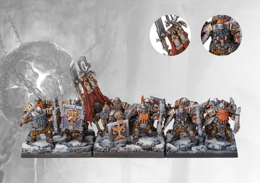 A fully painted Dweghom Hold Warriors regiment, showcasing the armored dwarfs forming a strong shield wall with axes and swords.