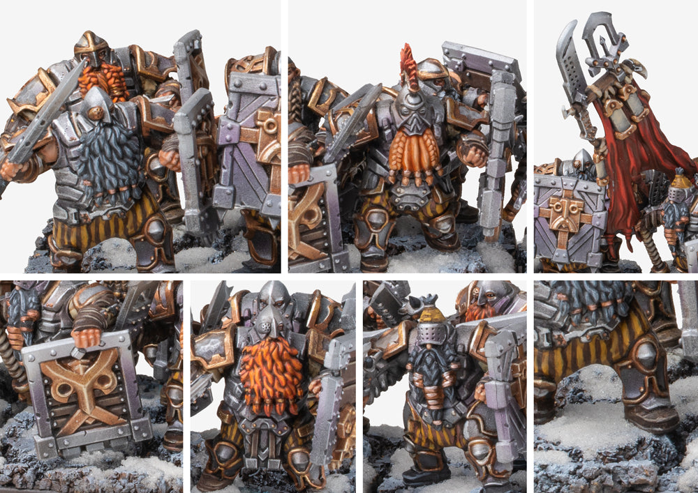 Close-up details of the Hold Warriors, emphasizing the dwarf beards, heavy plate armor, and the large iron rune shields.