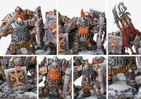 Close-up details of the Hold Warriors, emphasizing the dwarf beards, heavy plate armor, and the large iron rune shields.