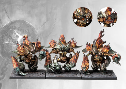A fully painted regiment of Dweghom Inferno Automata, showcasing the monstrous, fire-wreathed elemental automatons with crushing gauntlets.
