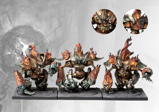 A fully painted regiment of Dweghom Inferno Automata, showcasing the monstrous, fire-wreathed elemental automatons with crushing gauntlets.