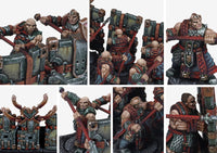 Close-up details of the Dweghom Initiates unit, emphasizing the focused faces, heavy armor plating, and the design of the interlocking shield wall.