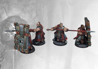 Four painted Dweghom Initiates miniatures, highlighting the core dwarf warriors, their long weapons, and heavy wooden shields.