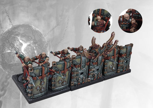 Fully painted Dweghom Initiates regiment, showcasing the solid shield wall formation of the core infantry unit with long spears and axes.
