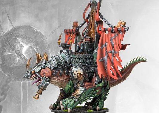 Side profile view of the painted Ironclad Drake monster, showing the scale and imposing nature of the heavily armored combat beast.