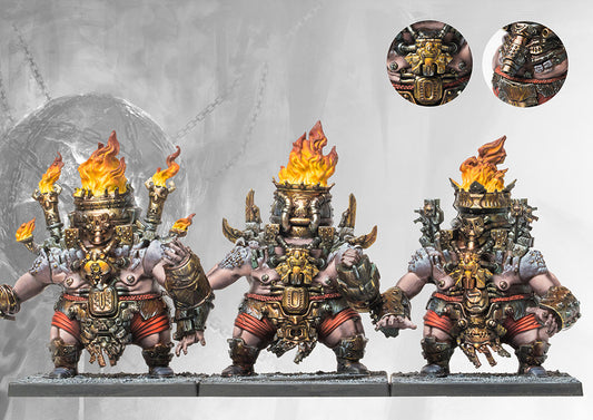 A fully painted regiment of Dweghom Lost Brutes, showcasing their volatile nature with crowns of living fire and tribal heavy armor.