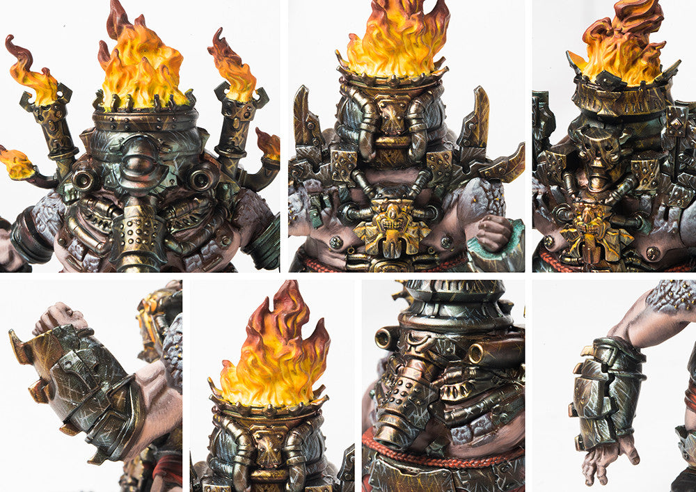 Close-up details of the Dweghom Lost miniature, emphasizing the elemental fire effects, intricate metal armor, and furious expression.