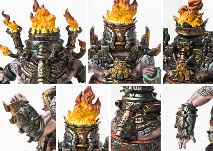 Close-up details of the Dweghom Lost miniature, emphasizing the elemental fire effects, intricate metal armor, and furious expression.