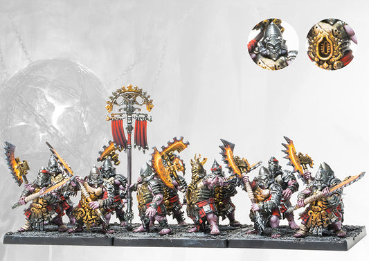 A fully painted Dweghom Magmaforged regiment (Heavy Infantry), showcasing the entire unit and the elaborate elemental flaming command banner.