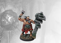 Fully painted Dweghom Mnemancer Apprentice miniature, showing the dwarf hammering runes into a carved stone monolith for elemental control.