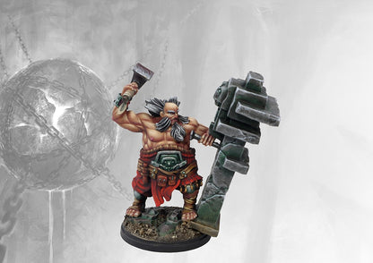 Fully painted Dweghom Mnemancer Apprentice miniature, showing the dwarf hammering runes into a carved stone monolith for elemental control.