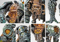 Close-up details of the Steelforged automata, emphasizing the glowing internal engine, segmented armor plates, and heavy siege weaponry.