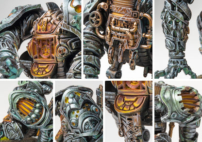 Close-up details of the Steelforged automata, emphasizing the glowing internal engine, segmented armor plates, and heavy siege weaponry.