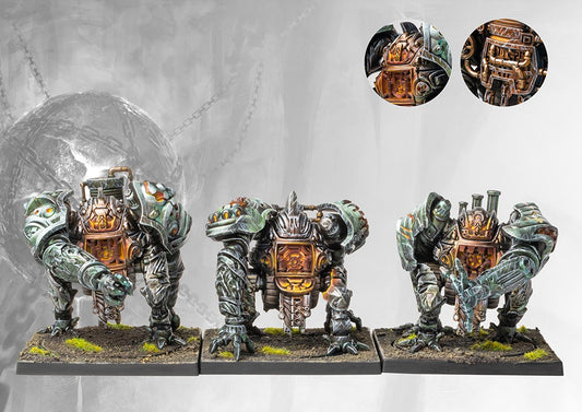 A fully painted regiment of Dweghom Steelforged automata, showcasing the intricate industrial armor plates and inner elemental energy cores.