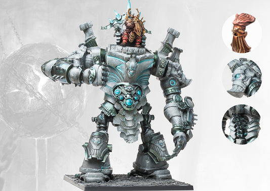 Fully painted Dweghom Stoneforged miniature, showcasing the towering automaton with rune-etched, metallic gray armor and glowing turquoise crystals.