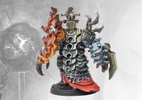 Side view of the Tempered Steelshaper miniature, emphasizing the stark contrast between the elemental fire arm and the spiked steel armor.