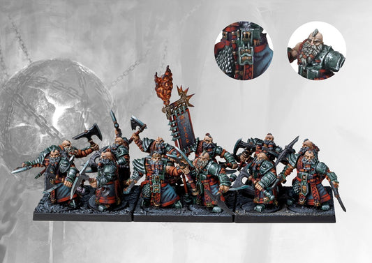 A fully painted Dweghom Wardens regiment (Heavy Infantry), showcasing the dense formation, ornate armor, and the flaming command standard.