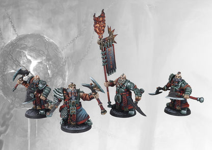 Four individual painted Dweghom Wardens miniatures, including the highly detailed Standard Bearer with the spike-adorned, flaming banner.