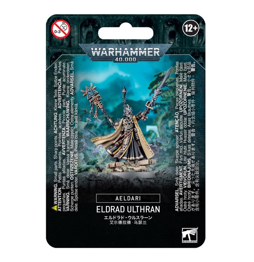 The official retail product box for the Eldrad Ulthran miniature kit, featuring the fully assembled and painted Aeldari Farseer model.