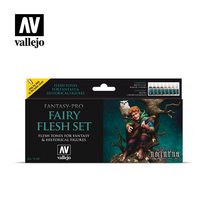 Vallejo Fantasy-Pro Fairy Flesh 8 colour paint set retail box packaging featuring the Nocturna Models step-by-step miniature skin tone guide.
