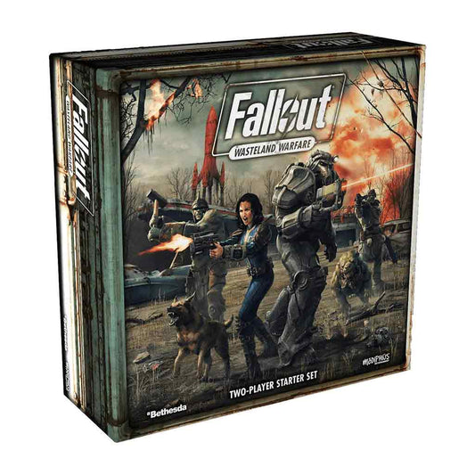 The box for the Fallout: Wasteland Warfare Two-Player Starter Set, showing characters in a firefight with Super Mutants and a Deathclaw in the background.
