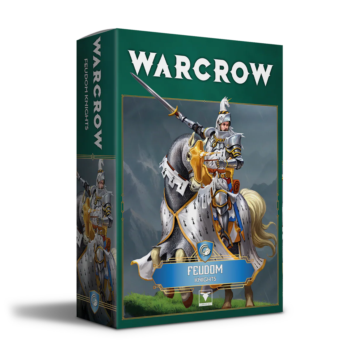 Retail box artwork for the Warcrow Feudom Knights heavy cavalry miniatures box.
