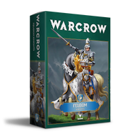 Retail box artwork for the Warcrow Feudom Knights heavy cavalry miniatures box.