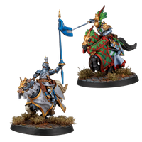 Two painted plastic knight riders, heavy armored mounts, bases, and unit cards included inside the box.