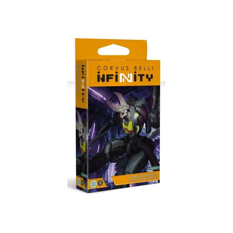 The box for the Infinity miniature Freelance Operator Samsa, showing artwork of the insectoid alien in black and purple armour.