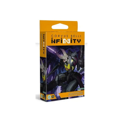 The box for the Infinity miniature Freelance Operator Samsa, showing artwork of the insectoid alien in black and purple armour.