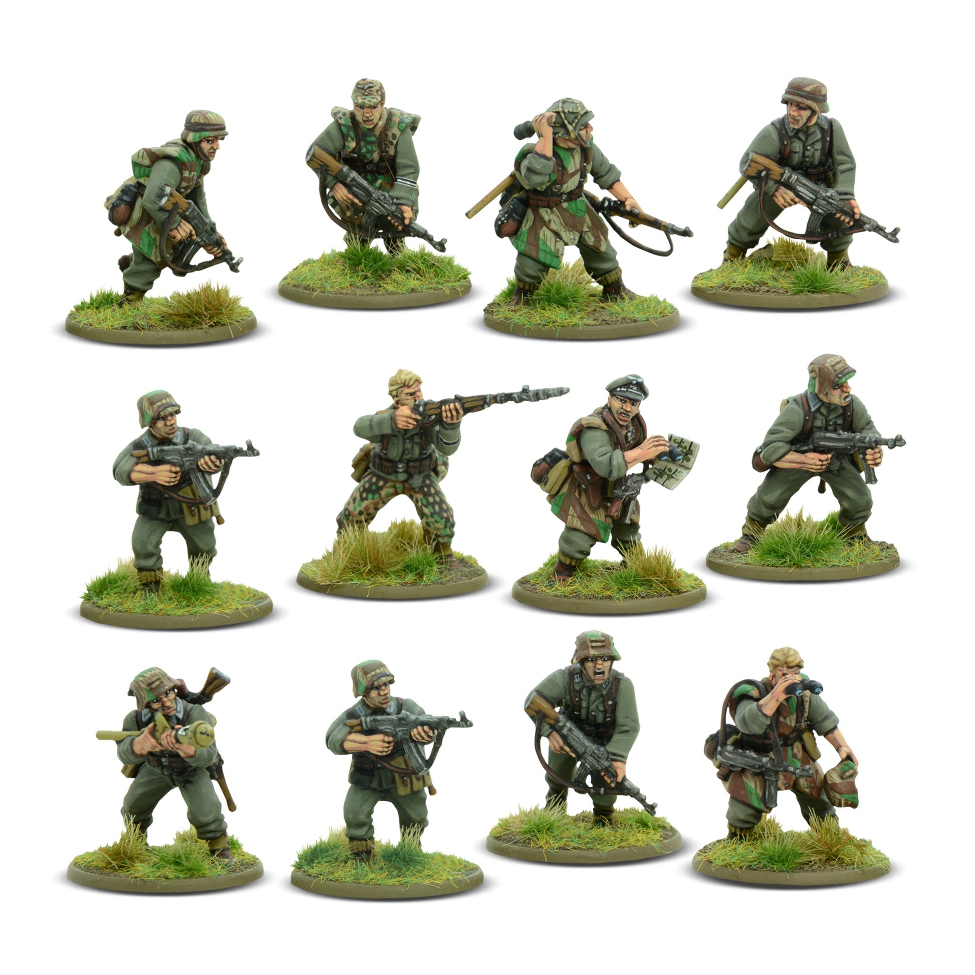 Painted 28mm plastic German Grenadier miniatures with camo patterns for Bolt Action