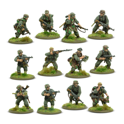 Painted 28mm plastic German Grenadier miniatures with camo patterns for Bolt Action