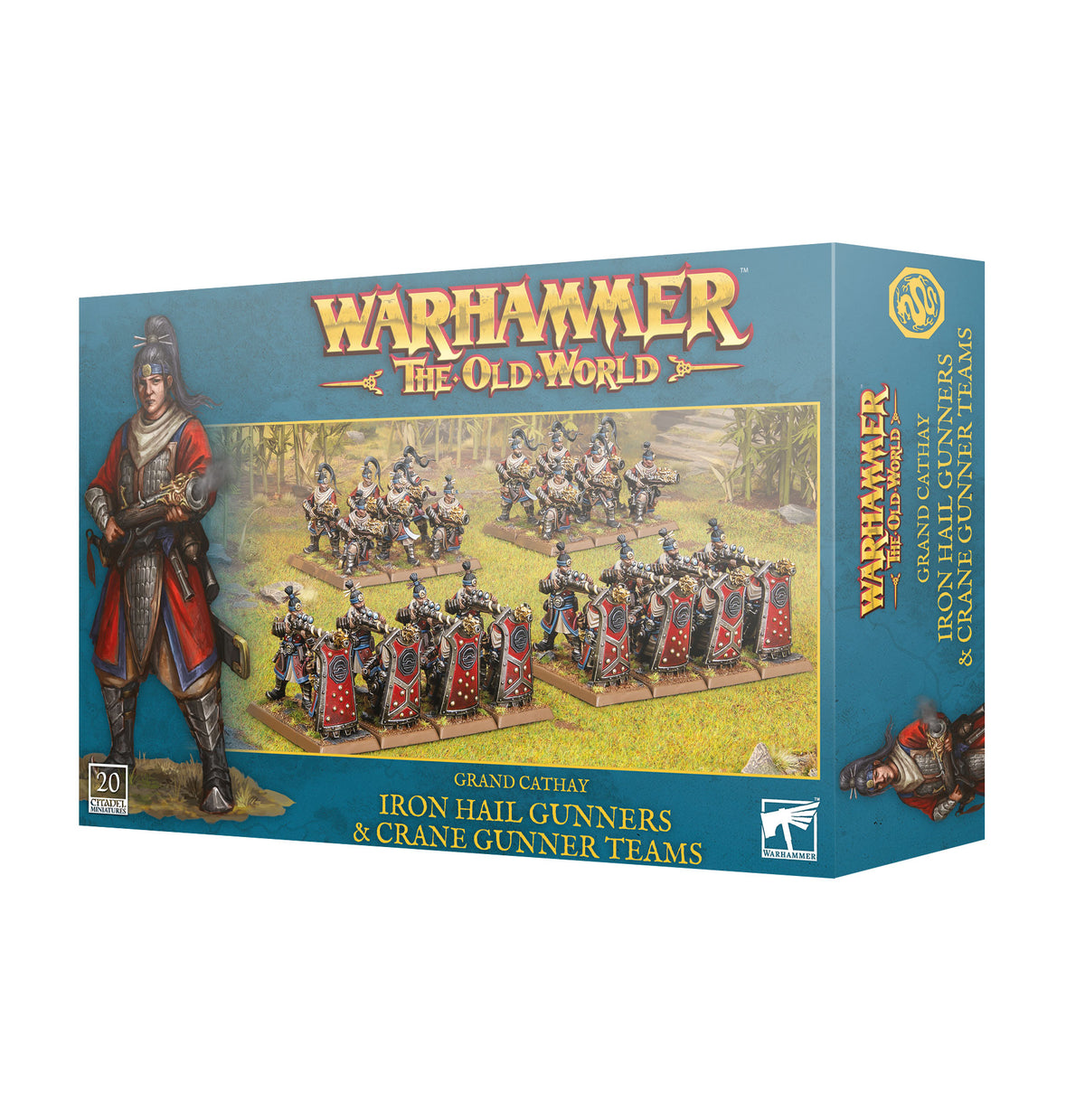 The official retail product box for the Grand Cathay: Iron Hail & Crane Gunners kit, displaying the ranged infantry models.