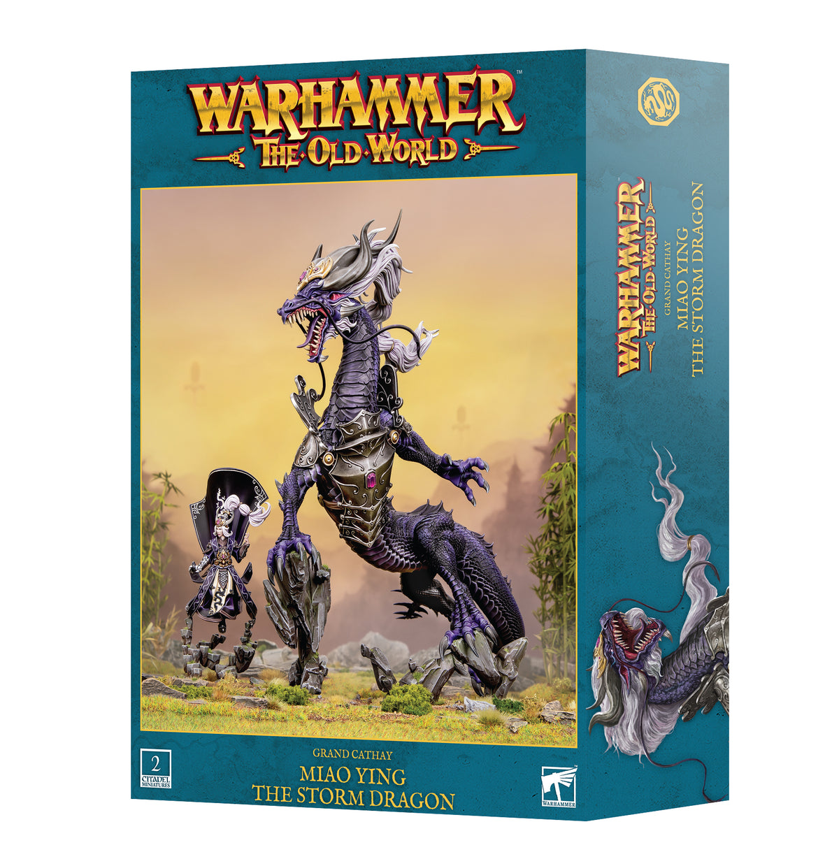 The official retail product box for Grand Cathay: Miao Ying The Storm Dragon, showing both human and dragon form miniatures.