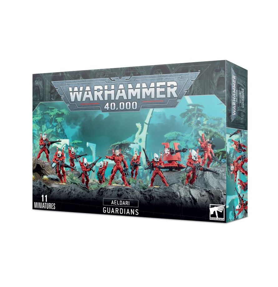 The official retail product box for the Guardian Defenders miniature kit, featuring the fully assembled and painted Aeldari models.