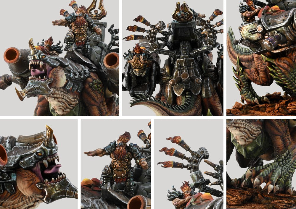 Collage of detail shots of the Hellbringer Drake and its crew, showing the elemental effects, dwarf rider, and the intricate machinery fused to the dinosaur.