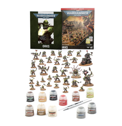 The official retail product box for the Warhammer 40,000 Getting Started with Orks set, displaying Ork miniatures, paints, and introductory booklet.