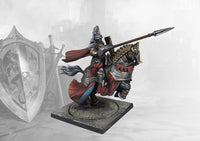 A studio-painted miniature of the Conquest Hundred Kingdoms Mounted Noble Lord, a heavily armored knight with a lance on a barded warhorse.