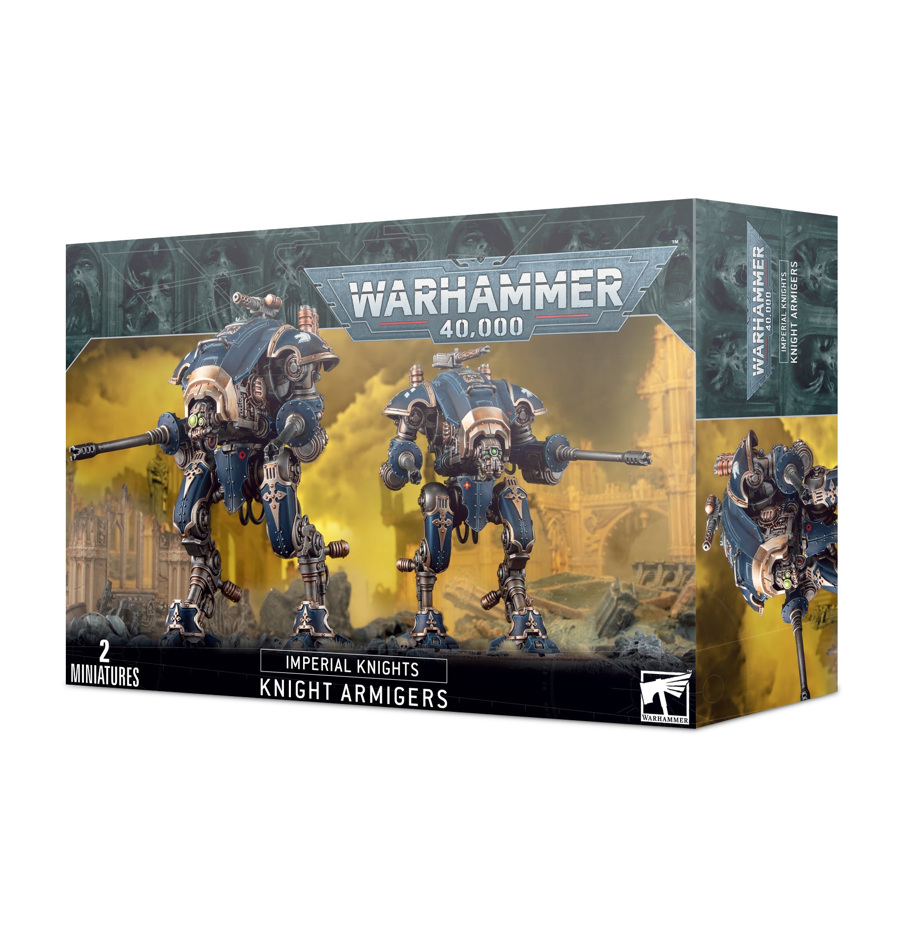 Box art for two Imperial Knights Armiger bipedal war machines with blue and bronze armor standing in front of yellow smog. Christchurch, NZ.