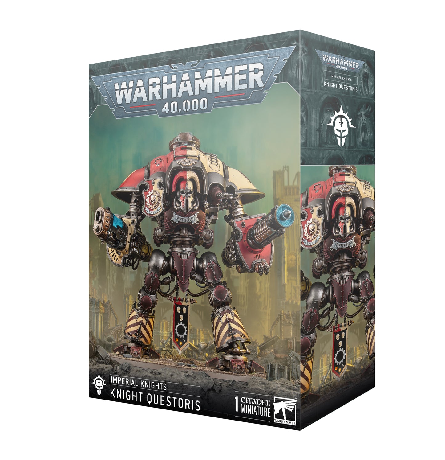 Box art for a towering Imperial Knight Questoris war machine with red, cream, and black armor panels standing amongst city ruins. Christchurch, NZ.