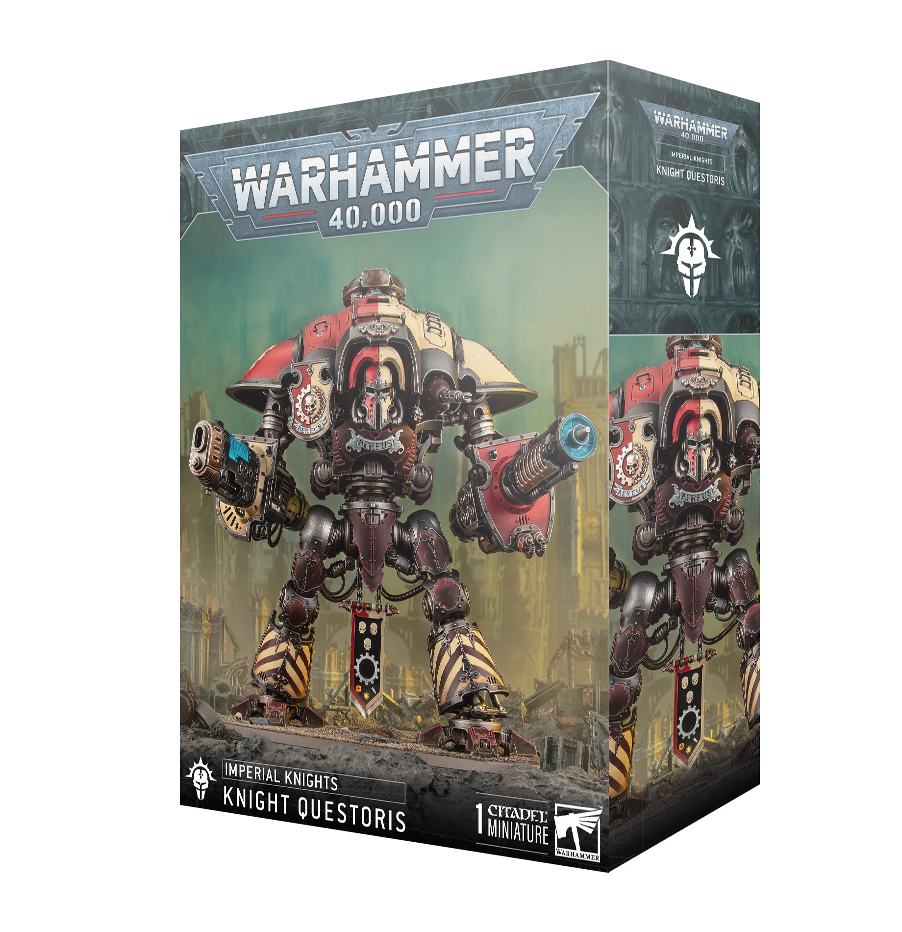 Box art for a towering Imperial Knight Questoris war machine with red, cream, and black armor panels standing amongst city ruins. Christchurch, NZ.