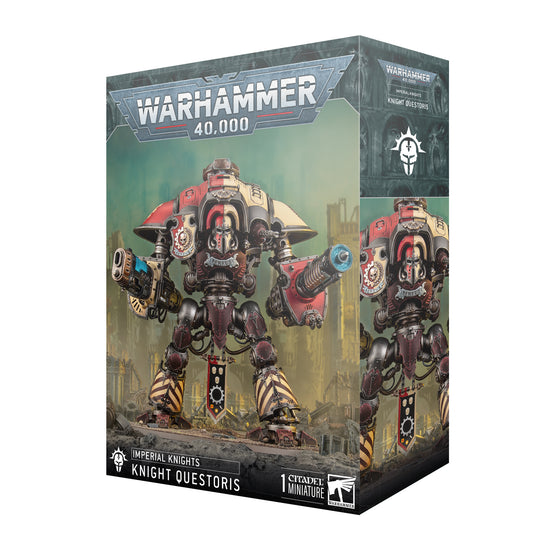 Box art for a towering Imperial Knight Questoris war machine with red, cream, and black armor panels standing amongst city ruins. Christchurch, NZ.